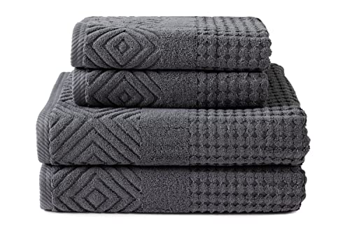 Texere 100% Organic Cotton Diamond Jacquard 700 GSM Luxury Bath Towel Sets - Ultra Soft and Absorbent Hotel and Spa Quality (Diamond, Charcoal, 2 Bath & 2 Hand Towels)
