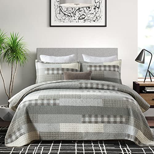 PANGUSHAN Quilts Set Queen Size,100% Cotton Patchwork Plaid Queen Quilt Bedding Set Bedspread for Queen Bed,Grey(Gray)/Cream/Khaki Farmhouse Rustic Reversible Lightweight Comforter Bed Cover,3 Pieces