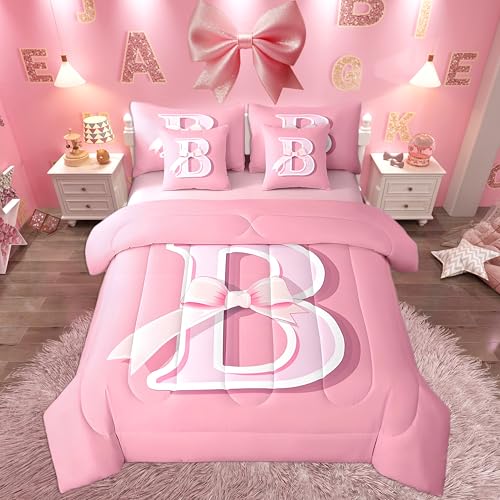 jejeloiu Pink Bow Bed Set, Gifts for Women Teen Girl,Twin Size, Decor Monogrammed 7 Pieces Beeding Set, Personalized Initial B Ultra Soft Bed in a Bag with Comforter, Sheets, Pillowcases Fashion