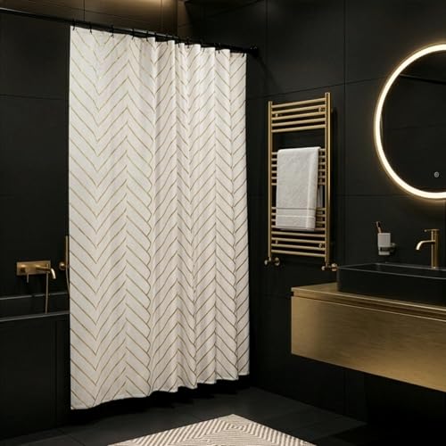 Croydex Waterproof Shower Curtain, Gold Chevron Pattern, 180 x 180cm, Water Resistant Fabric - 100% Polyester, Machine Washable, Cling Resistant Weighted Hem, Ready to Hang with 12 Metal Eyelets