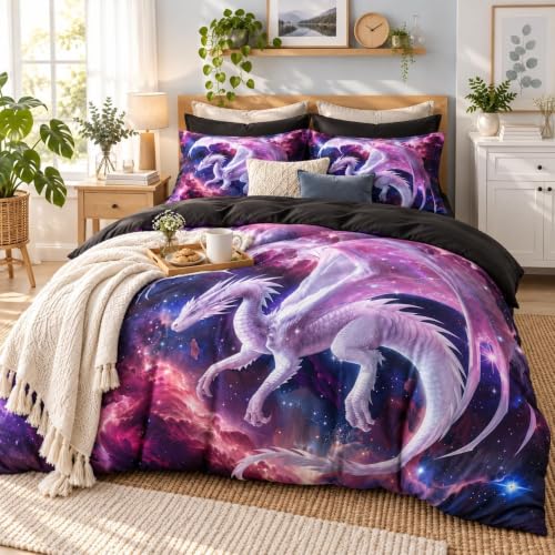 CCoutueChen Pink White Dragon Comforter Set Queen Size Western Dragon Bedding Set Castle Fairy Dragon Bed Set for Kids Boys Teens Women Decor 3D Animals Quilt Set