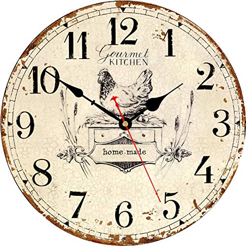 Toudorp Rustic French Country Wall Clock - 14 Inch Vintage Wooden Battery Operated Silent Non-Ticking With Arabic Numerals and Animal Style (Gourmet Kitchen)
