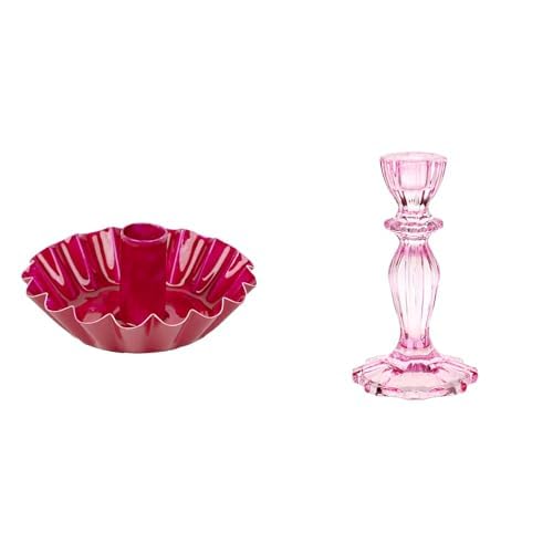 Pink Scalloped Metal Candle Holder & Pink Glass Candlestick Holder Bundle