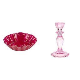 Pink Scalloped Metal Candle Holder & Pink Glass Candlestick Holder Bundle