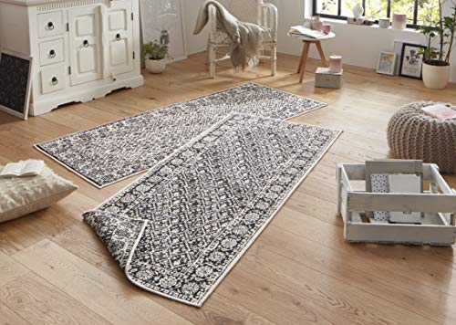 NORTHRUGS Outdoor Rug, Curacao Reversible Rug Weatherproof, Modern Graphic Pattern Runner for Balcony, Patio, Garden, Conservatory, Living Room Rug, Waterproof, Polypropylene, Black Cream, 80 x 350 cm