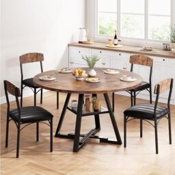 Jocoevol Round Dining Table and 4 Chairs Set of 4-6, Circle Dinner Table with Shelves, Space Saving Wood Kitchen & Dining Room Furniture (Vintage, 51 inch)