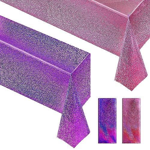 "2 pcs Pink&Purple Holographic Party Tablecloths 40"" x 108"" Laser Sparkly Table Cloths Iridescence Foil Glitter Table Cover for Mermaid Unicorn Wedding Anniversary Baby Shower Birthday Party Supplies"