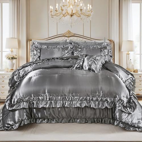 MOVE OVER Gray Silky Comforter Set Queen Size 8 Pieces Satin Bed in a Bag Farmhouse Shabby Chic Ruffled Comforter Set Luxury Silk Like Satin Comforter Bedding Sets