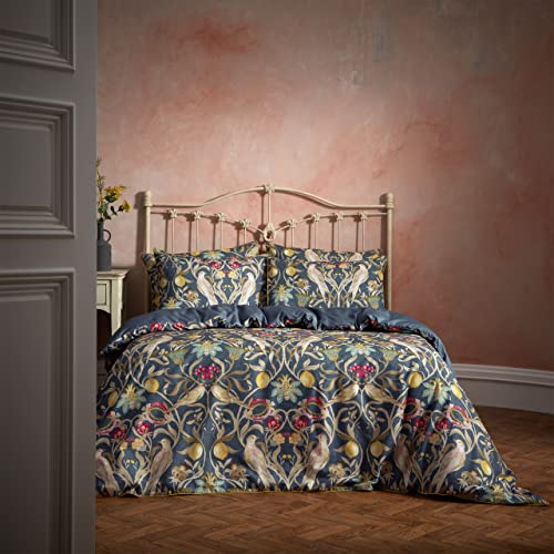 Edinburgh Weavers EW Songbird Duvet Cover Set – Floral Bird Print 100% Cotton, Cord Piped Trim (Navy – Super King)