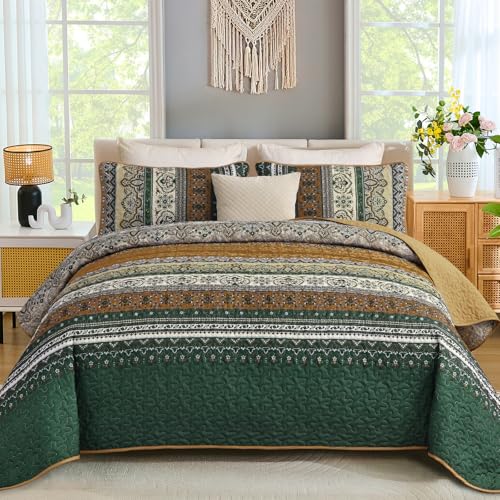 "WONGS BEDDING Boho Quilt Set King Size, 3 Pieces Brown Striped Quilt Bedding Sets, Soft Lightweight Brown Green Bedspread Coverlet Set for All Season (King, 104""x90"")"