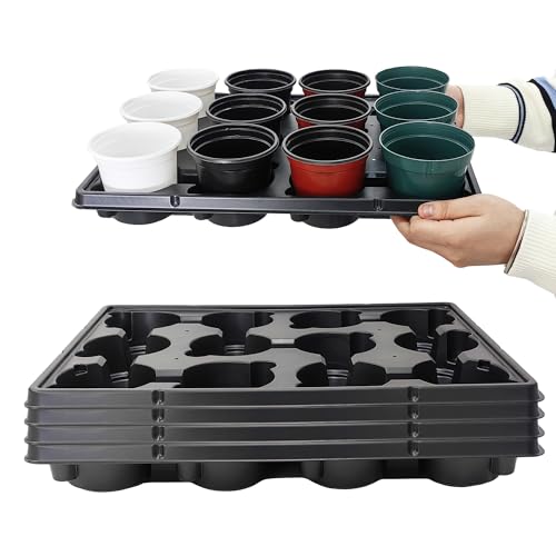 "RooTrimmer 12 Cell Round Nursery Pots Trays Thickened Durable Seedling Pots Shuttle Carrying Trays for Holding 4 inch Nursery Pots (16.85"" ?? 12.6"", 5-Pack)"
