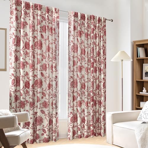 DriftAway Linen Floral Paisley Blackout Curtains, W52 x L102, Red - Back Tab Rod Pocket, Farmhouse, Jacobean, Bedroom, Living Room, Thermal Insulated, Linen Blend, Lined, Room Darking