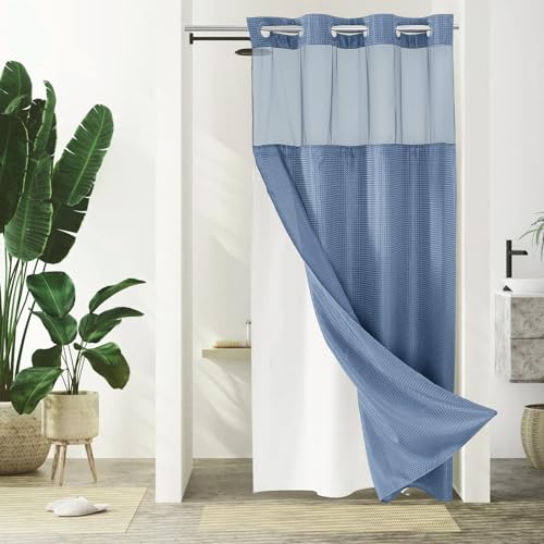 Gibelle Stall Small Shower Curtain 36x74, Cloth Shower Curtain with Snap-in Fabric Liner Set, No Hooks Needed, Hotel Style with Mesh Top Window, Moonlight Blue