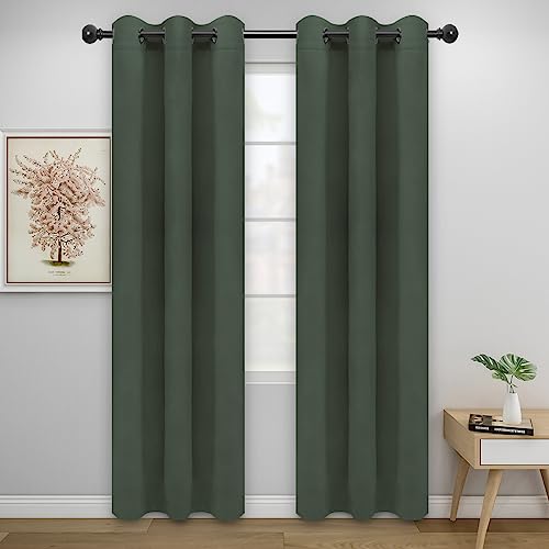Easy-Going Blackout Curtains for Bedroom, Solid Thermal Insulated Grommet and Noise Reduction Window Drapes, Room Darkening Curtains for Living Room, 2 Panels (34x72 in, Greyish Green)