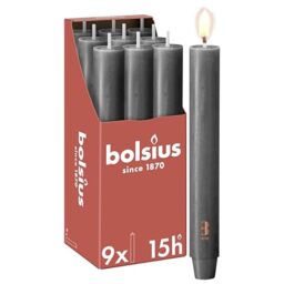 Bolsius - Tapered Candle XL Rustic - 9.1″ × 1.2″ - Anthracite - in Box of 9 - Length Burning Time 15 Hours - Unscented - Contains Natural Plant Wax - Without Palm Oil