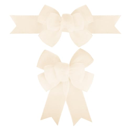 Meseey 2 Pcs Natural Cream Burlap Wired Ribbon Handmade Premade Burlap Bows for Wreaths Tree Decorations Gift Wrapping Outdoor Decoration (Cream)