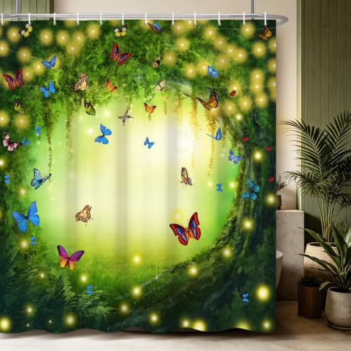 Renaiss 72x72 Inches Enchanted Forest Shower Curtain Magic Green Forest Tree Butterflies Meadow Tropical Jungle Fairy Tales Wonderland Shower Curtains for Bathroom Decor Polyester with Hooks