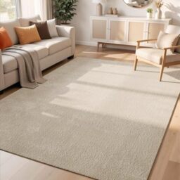 Rugs by Desire Comfy Washable Modern Living Room Rug Polyester Plain Indoor Area Rug with Low Pile - Anti-Slip Felt Backing SuperSoft Carpet Bedroom-Hallway, Light Beige, 200x280 cm