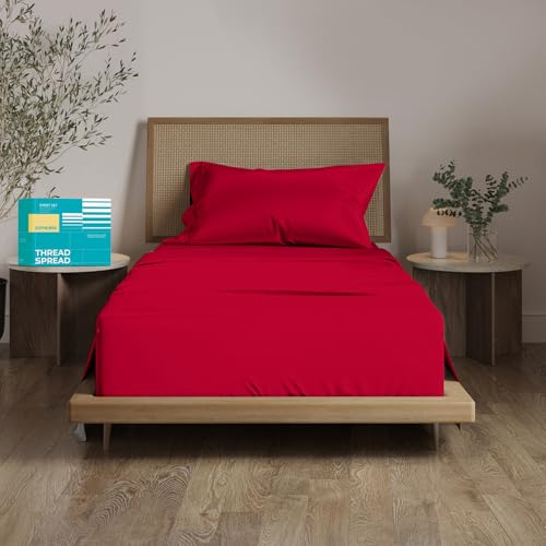 "THREAD SPREAD 100% Egyptian Cotton Sheets Twin XL Size Bed Set - 3 PC 800 Series Euphoria Collection Egyptian Cotton Twin XL Sheet Set (Red) Soft, Cooling, 16"" Deep Pocket Hotel Bedsheet"
