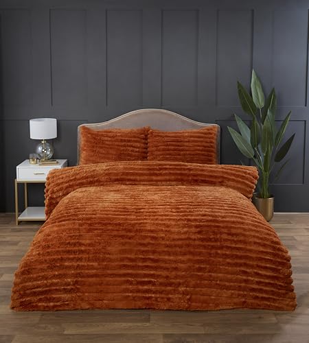 Rapport home Chunky Ribbed Premium Luxury Faux Rabbit Fur Duvet Cover Set Double Burnt Orange Soft and Warm Fluffy Bedding Set