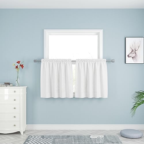UPOPO White Kitchen Tier Curtains 30 inches Long Over Sink Privacy Linen Textured Cafe Curtains Short Caravan Bathroom Small Mini Basement Half Window Curtain Bedroom 2 Panels Rod Pocket