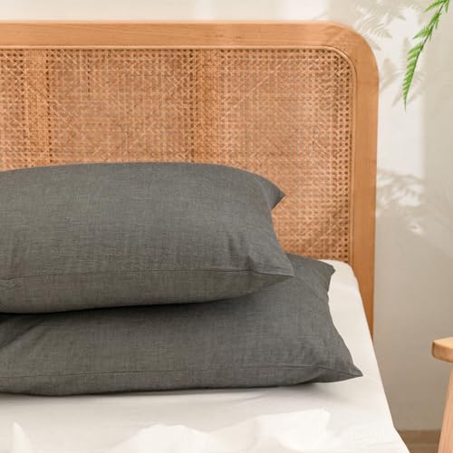 BESTOUCH Washed Cotton Pillowcases Linen Feel Dark Grey King - 100% Washed Cotton, Linen Feel, Soft Wrinkle Texture, Envelope Closure, Breathable Lightweight Durable Comfy, 2 Pcs No Insert