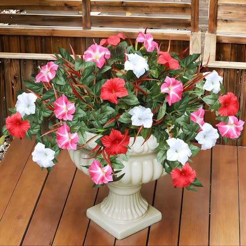 unlemoni Artificial Flowers Plants for Outdoors, 6PCS UV Resistant Faux FlowersOutdoor Plants, Fake Petunias Silk Flowers for Garden Balcony Yard Porch Decor (White Red Pink)