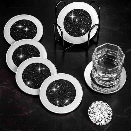 "Jetec Mirrored Glass Coaster Set of 6 with 1 Holder 4"" Crushed Diamond Round Cup Mat Glitter Crystal Rhinestone Glass Coaster Bling Table Decor for Bar Kitchen Gift for Christmas(Black,4 Inch)"