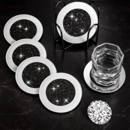 "Jetec Mirrored Glass Coaster Set of 6 with 1 Holder 4"" Crushed Diamond Round Cup Mat Glitter Crystal Rhinestone Glass Coaster Bling Table Decor for Bar Kitchen Gift for Christmas(Black,4 Inch)"