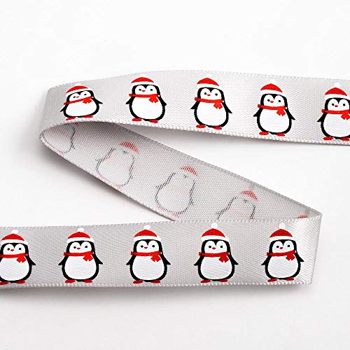 Italian Options Penguins Christmas Satin Ribbon for Gift Wrapping, Christmas Ribbon for Crafts, Wreaths, Tree Decorations, Cards, Fabric Ribbons, Silver, 16mm x 5 Metre Roll
