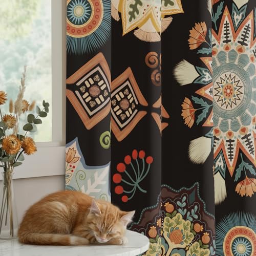BCLBUSTE Black Boho 95% Blackout Curtains 84 inch Long 2 Panels for Bedroom Vintage Farmhouse Room Darkening Curtains Abstract Mandala Patterned Print Black Out Grommet Drapes for Living Room,52Wx84L