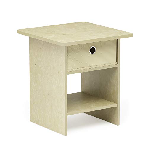 Furinno Dario End Table/Night Stand Storage Shelf with Bin Drawer, Cream Faux Marble/Ivory