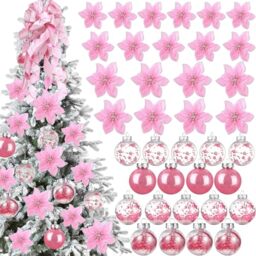 49 Pcs Christmas Tree Decoration Set Include Christmas Tree Topper, 24 Glitter Christmas Flowers 3 Sizes, 24 Pcs 2.36 Inch Christmas Ball Ornaments for Tree Holiday Party Decorations(Pink)