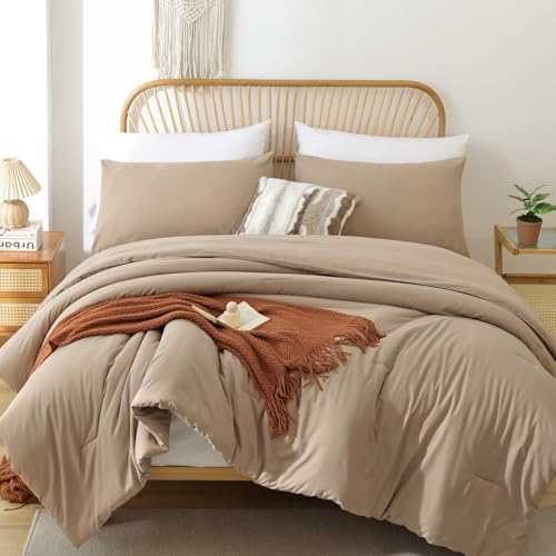 ROSGONIA King Size Comforter Set Taupe Brown, 3pcs(1 Boho Tan Comforter & 2 Pillowcases) All Season Bedding Lightweight Bedspread Blanket Quilts Gifts