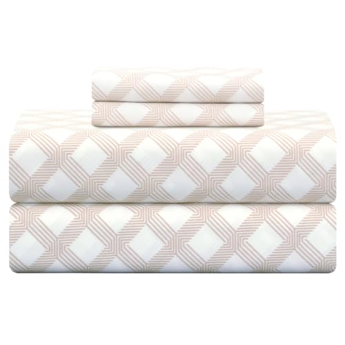 "Feather & Stitch 300TC Twin Size 100% Cotton Sateen Weave Printed Sheet Set, Cooling & Breathable Bed Sheets Set, 3 Piece 16"" Elastic Deep Pockets, Extra Soft Hotel Quality- Twin, Geometric Beige"