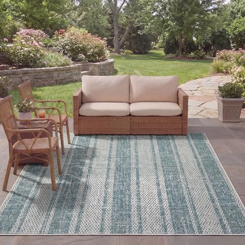 Safavieh Contemporary Indoor/Outdoor Woven Rectangle Area Rug, Courtyard Collection, CY8736, in Light Grey / Teal, 201 X 290 cm for Garden, Patio or Any Outdoor Space