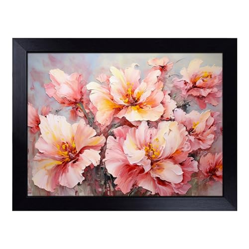 Lap Tray with Bean Bag Cushion, Peony Flower Action - Handmade in the UK, Raised Wooden Edge, Padded Cushion, Heat-Resistant Wipe-Clean Surface, for Meals, Laptops and Crafts