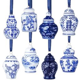 BBTO 8 Pcs Mini Ginger Jar Ornaments Chinoiserie Porcelain Hanging Ornaments Ceramic Christmas Tree Decorations Blue and White Pendant (Classic Style)