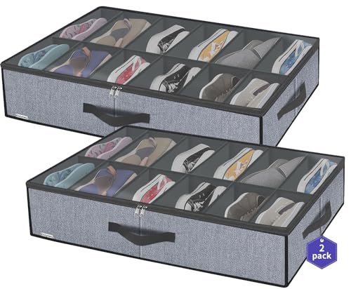 "Onlyeasy Large Under Bed Shoe Organizer (6 to 12 Pairs x 2) - Underbed Shoes Closet Storage Solution with Metal Zipper and 2 Handles, Breathable, 29.3""x23.6""x5.9"", Linen-like Grey, MXDUBSB2P"