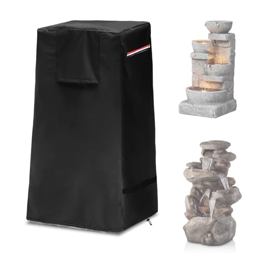 "Garden Fountain Cover,Outdoor Heavy Duty Waterproof Dustproof Winter Cover for Cascading Bowls and Stacked Stones Water Fountain with Zipper and Drawstring.(Black,18.5"" L x 18.5"" W x 33"" H)"