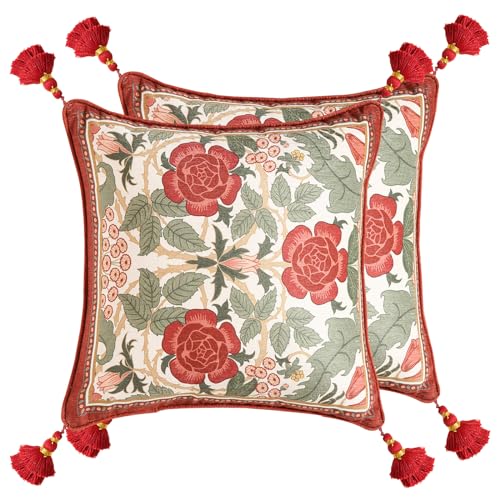 "bilin gaier Throw Pillow Covers Pack of 2,Red Cozy Velvet with Leaves and Floral Pattern Pillowcases,Decoration Square Pillows Cushion Covers for Living Room Couch Sofa Bed Car Chair,18""x18"""
