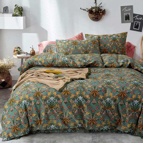 Faincy Bohemian Duvet Cover Queen Size - Boho Paisley Green Floral Pattern Printed Microfiber Comforter Cover Set - 3PC 90 X 90 Soft and Lightweight Quilt Cover, Retro Farmhouse Style for Women Men