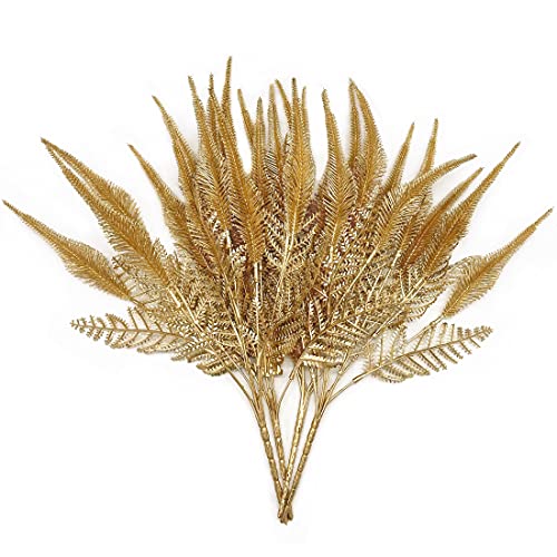 PASYOU Artificial Plants for Christmas Decor, Plastic Grass Fake Shrubs Simulation Tail Leaves Indoor Outdoor Home Garden Planter Filler Party Hotel Verandah Wedding Faux DIY Decoration - Gold 4 Pack