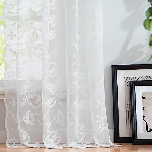 "Jubilantex White Floral Lace Sheer Curtains with Decorative Scalloped Edge95 Inches Long for Bedroom Living Room Girl's Room,Set of 2 Panels,52"" W"