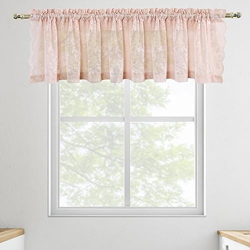 FINECITY Blush Lace Valance Curtain for Kitchen Window, Country Rustic Floral Short Lace Cafe Curtain 18 Inch Length, Privacy Lace Sheer Valance, 52 x 18 Inch, 1 Panel, Blush Pink