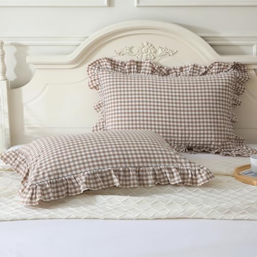 "Mywinlle Taupe/White Plaid Ruffle Pillowcases Farmhouse Standard Size Pillow Shams 20""x26"",Shabby Checkered Gingham Washed Cotton Pillow Covers Set of 2"