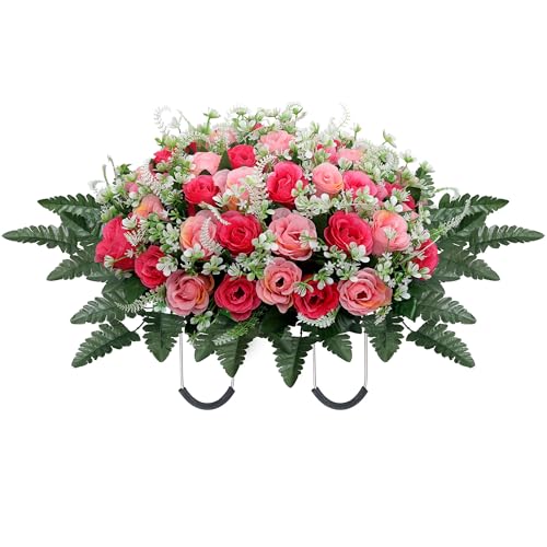 LOSFOTBO Headstone Flower Saddle,Large Artificial Cemetery Flowers for Grave,Cemetery Memorial Flowers for Outdoor Tombstone Decorations (Pink)