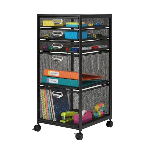 Relaxdays rolling container, 5 drawers, mesh, HxWxD: 59 x 27.5 x 35 cm, desk container on castors, black