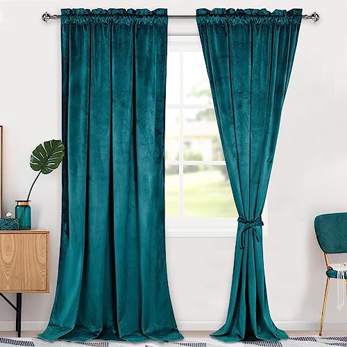 Hiasan Teal Velvet Curtains 96 inches-Blackout Thermal Insulated Solid Soft Curtains for Bedroom Living Room Rod Pocket Room Darkening 2 Panels Window Drapes with Tiebacks, 52W x 96L