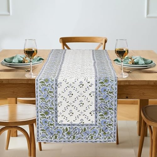 Ridhi Hand Block Printed Table Runner 16x106 ??? Powder Blue Cotton Runner for Dining Table Picnic Beach Outing Garden Setup Patio Farmhouse and Boho D??cor Buffet Table Decoration for Occasions